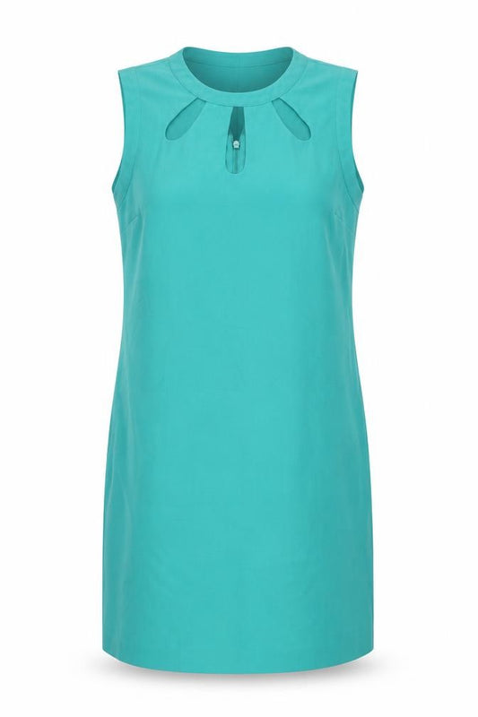 Front view of Oasis women’s green polyester shift, size UK 14, round neck button - cut out detail