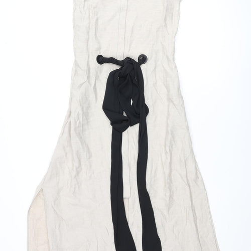 Zara Womens Beige Polyester Shift Size M Round Neck Button - Side Slits Belted