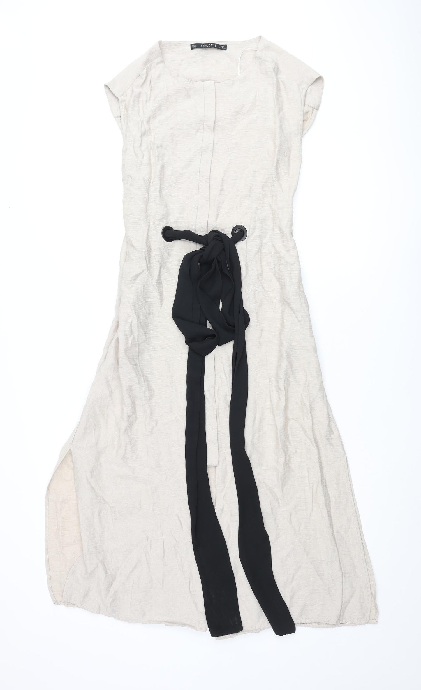 Zara Womens Beige Polyester Shift Size M Round Neck Button - Side Slits Belted