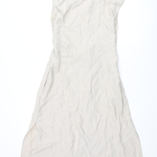 Zara Womens Beige Polyester Shift Size M Round Neck Button - Side Slits Belted