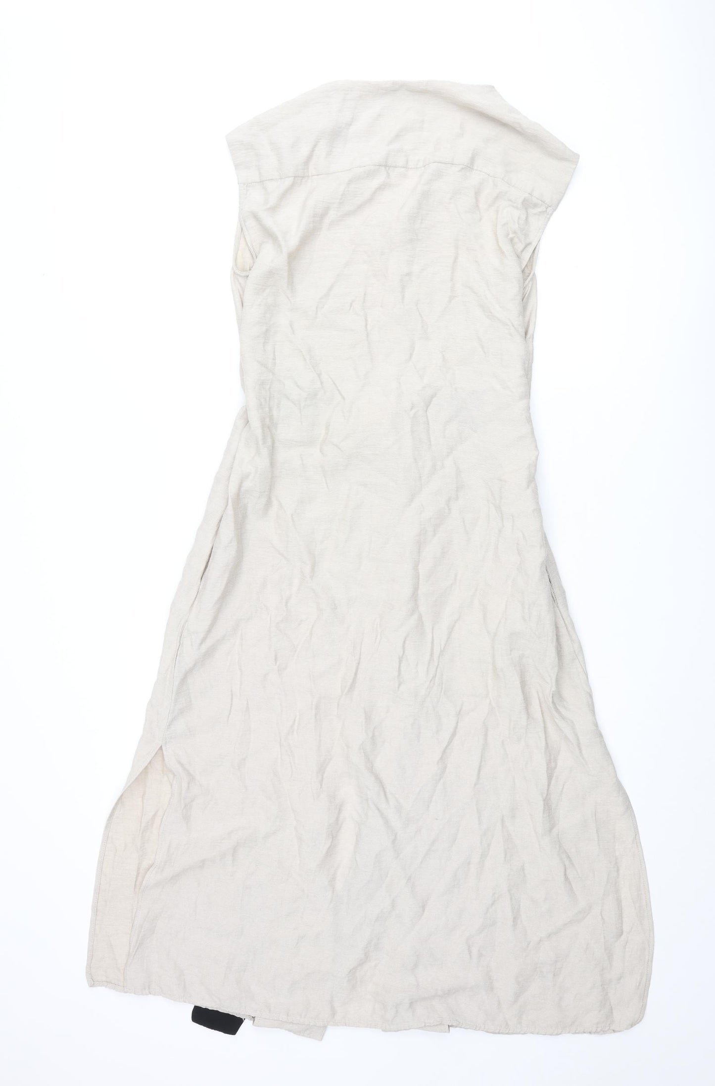 Zara Womens Beige Polyester Shift Size M Round Neck Button - Side Slits Belted