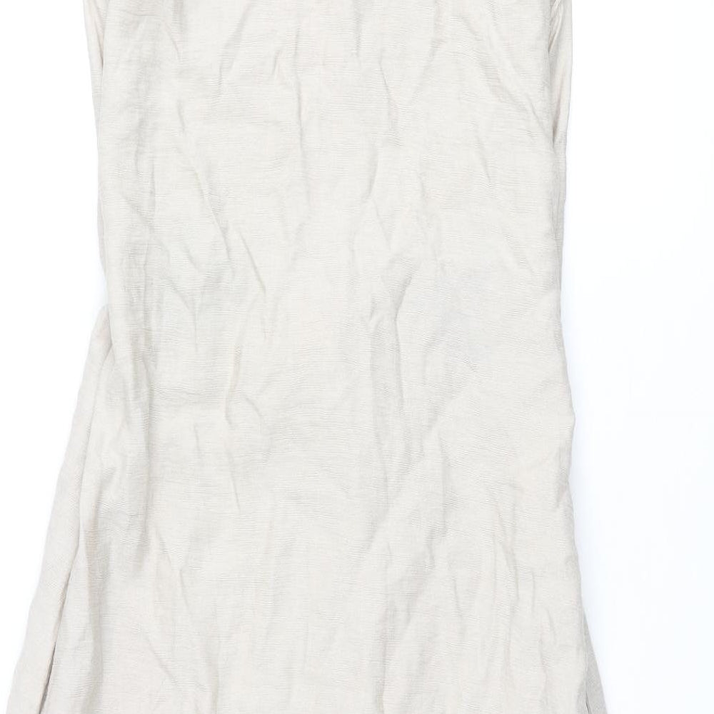 Zara Womens Beige Polyester Shift Size M Round Neck Button - Side Slits Belted