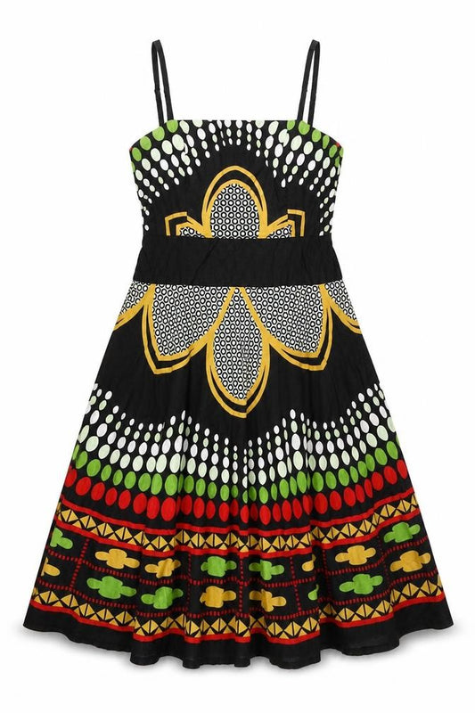 Front view of Ruby Belle women’s multicoloured geometric cotton a-line, size UK 12, square neck zip
