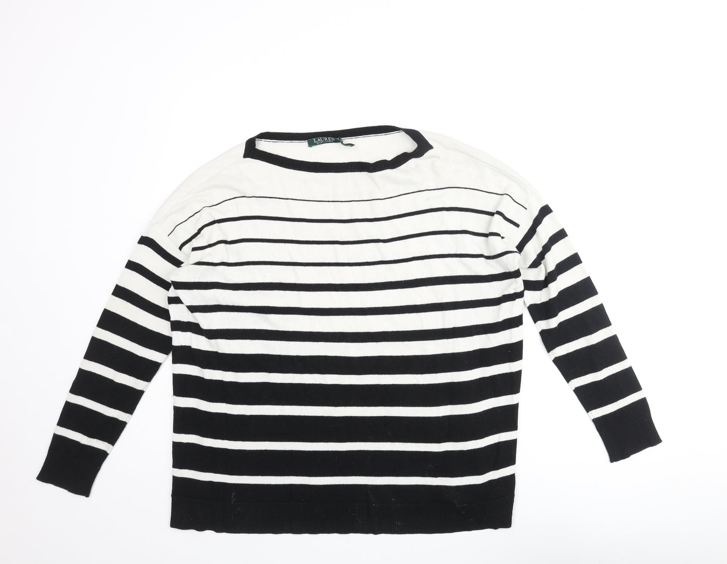 Lauren Ralph Lauren Womens White Round Neck Striped Cotton Pullover Jumper Size M