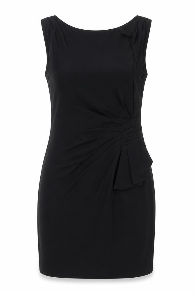 Front view of Coast women’s black polyester shift, size UK 8, round neck zip - pleated detail
