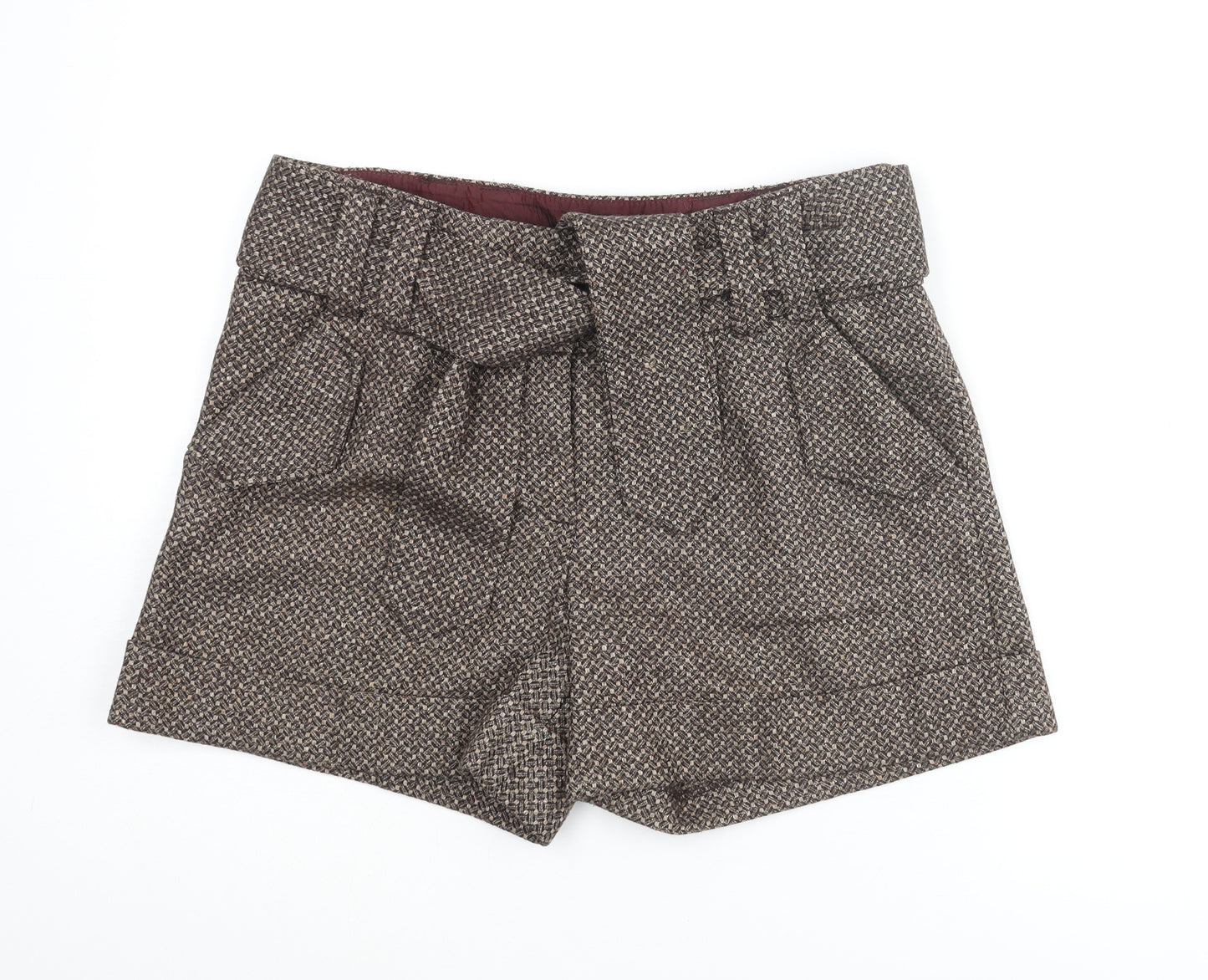 Marks and Spencer Womens Brown Geometric Wool Paperbag Shorts Size 12 Regular Zip - Belted