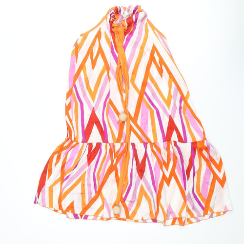 Zara Womens Multicoloured Geometric Polyester A-Line Size S Round Neck Tie - Smocked Wooden Bead Detail
