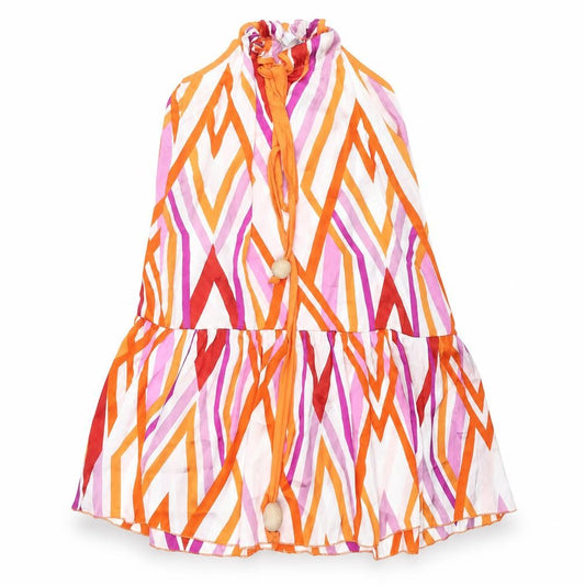 Front view of Zara women’s multicoloured geometric polyester a-line, size S, round neck tie - smocked wooden bead detail
