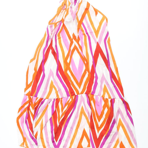 Zara Womens Multicoloured Geometric Polyester A-Line Size S Round Neck Tie - Smocked Wooden Bead Detail