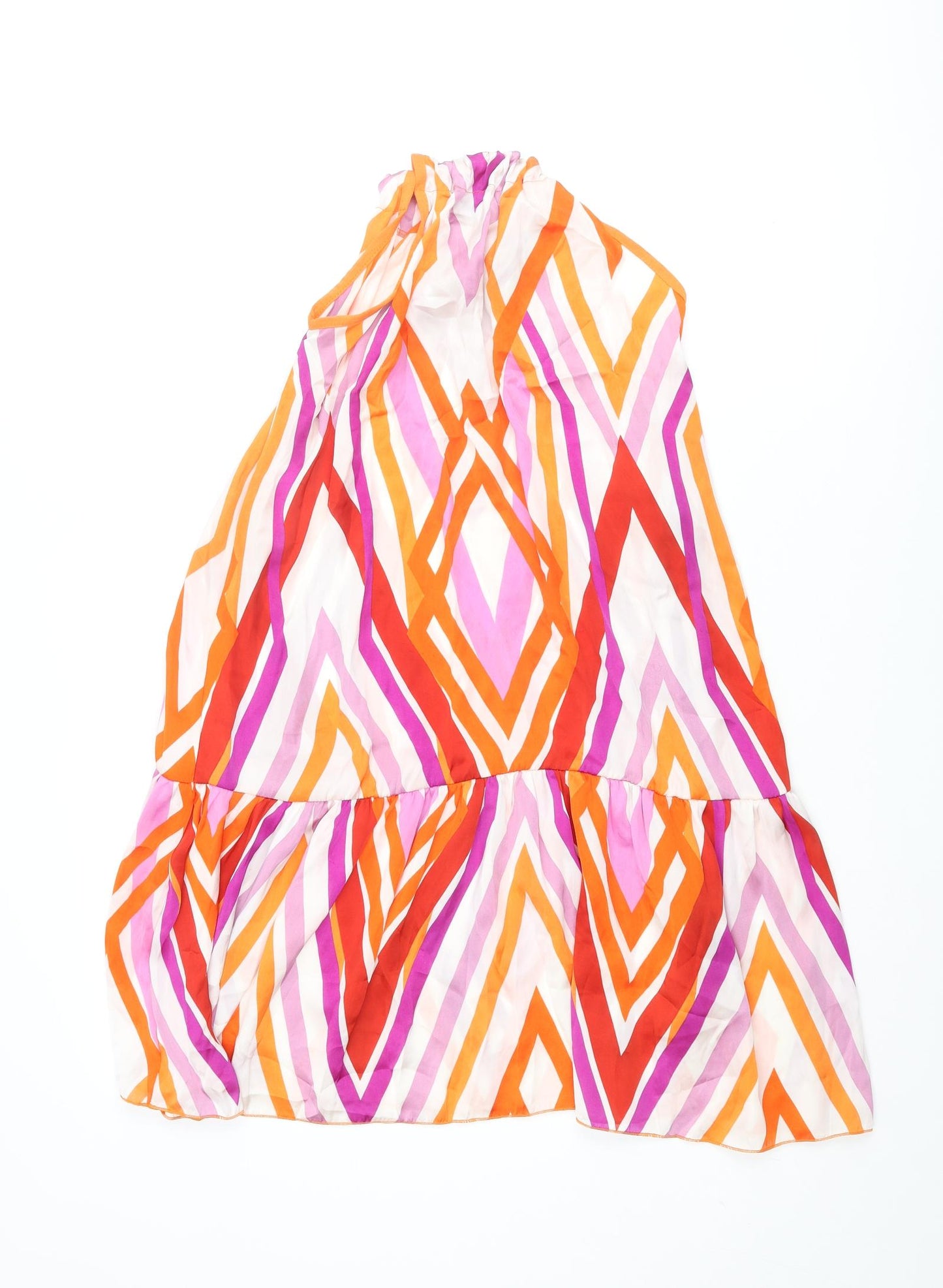 Zara Womens Multicoloured Geometric Polyester A-Line Size S Round Neck Tie - Smocked Wooden Bead Detail