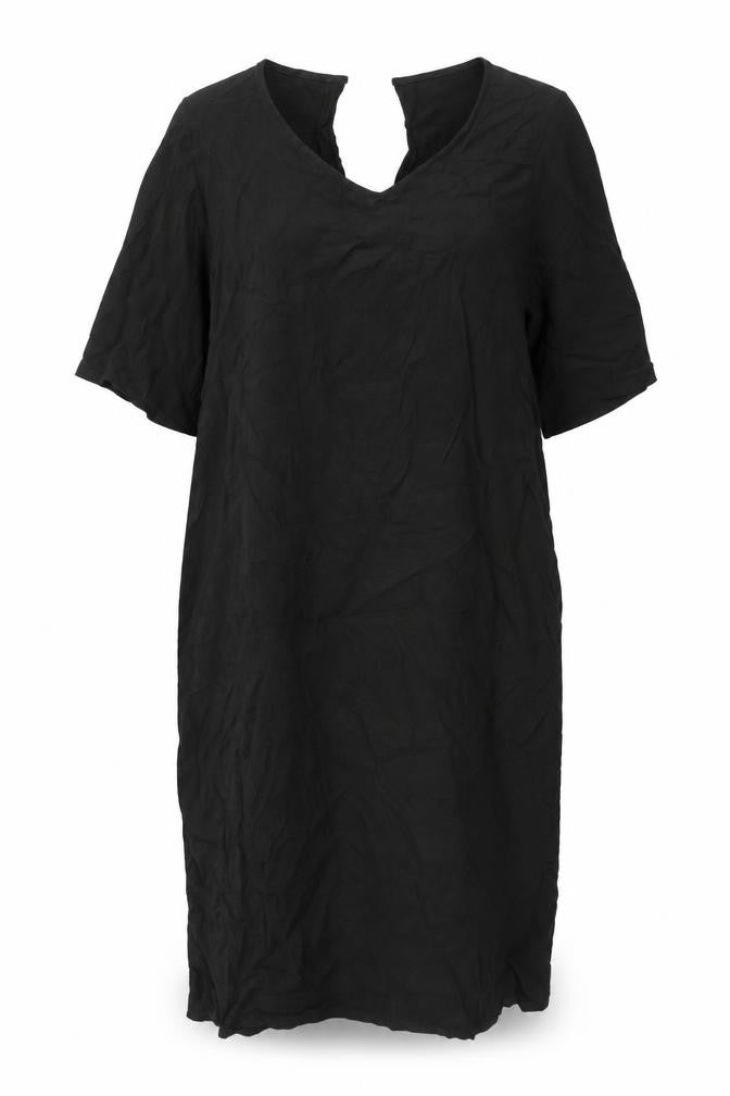 Front view of VILA women’s black cupro shift, size XS, round neck pullover