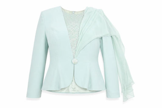 Front view of Daymor Couture women’s green polyester basic blouse, size UK 14, round neck - vintage beaded detail