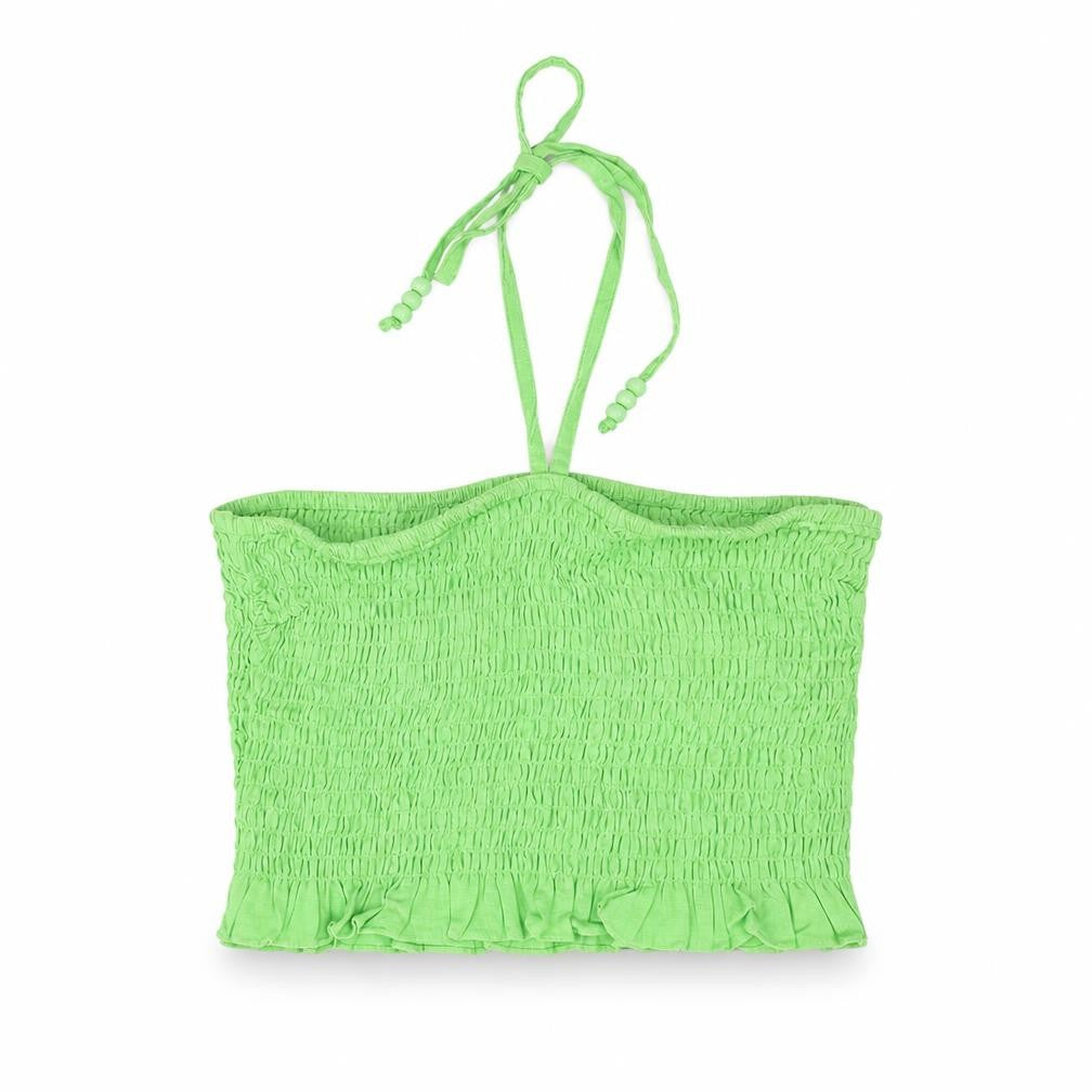 Front view of Collusion women’s green cotton cropped blouse, size UK 8, halter - beaded straps