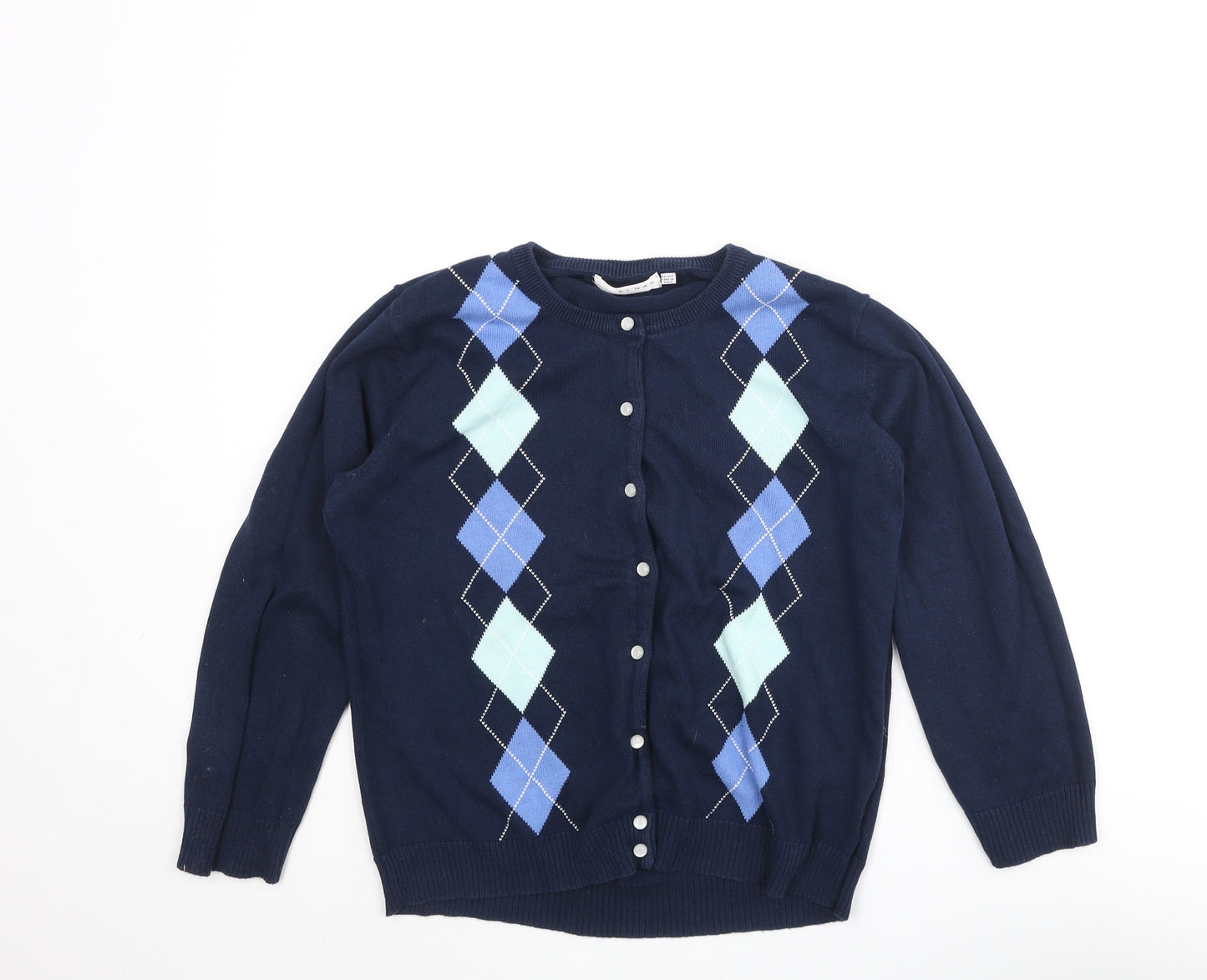 Kenar Womens Blue Round Neck Acrylic Cardigan Jumper Size 12 - Diamond Pattern