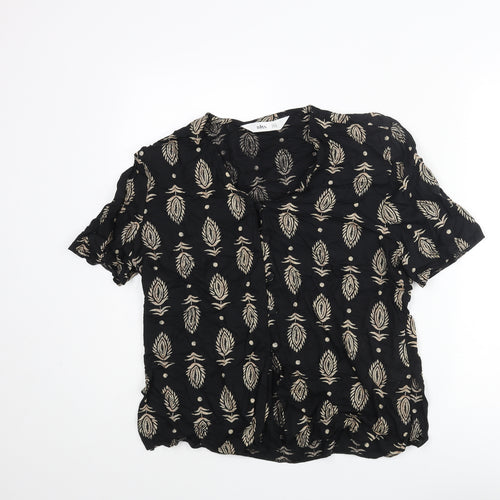 BHS Womens Black Geometric Viscose Basic Blouse Size 16 V-Neck