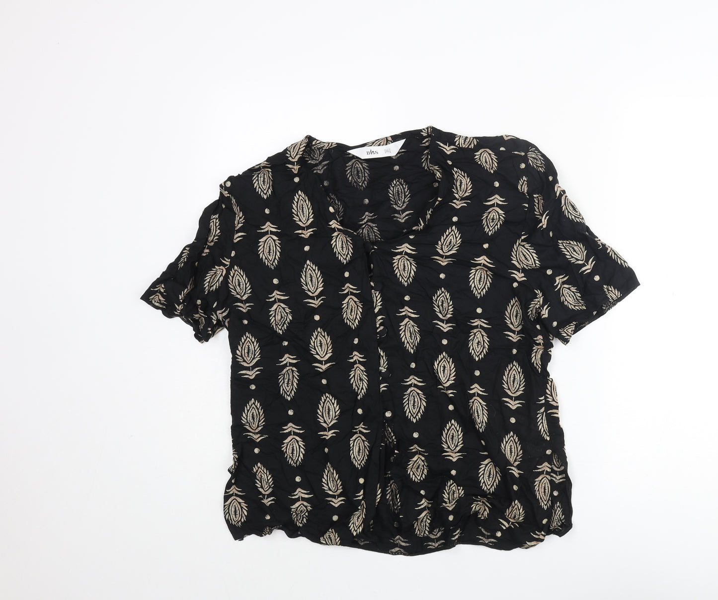 BHS Womens Black Geometric Viscose Basic Blouse Size 16 V-Neck