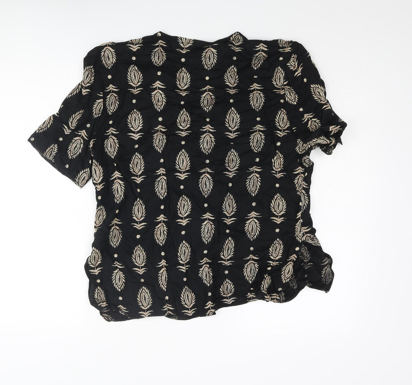 BHS Womens Black Geometric Viscose Basic Blouse Size 16 V-Neck