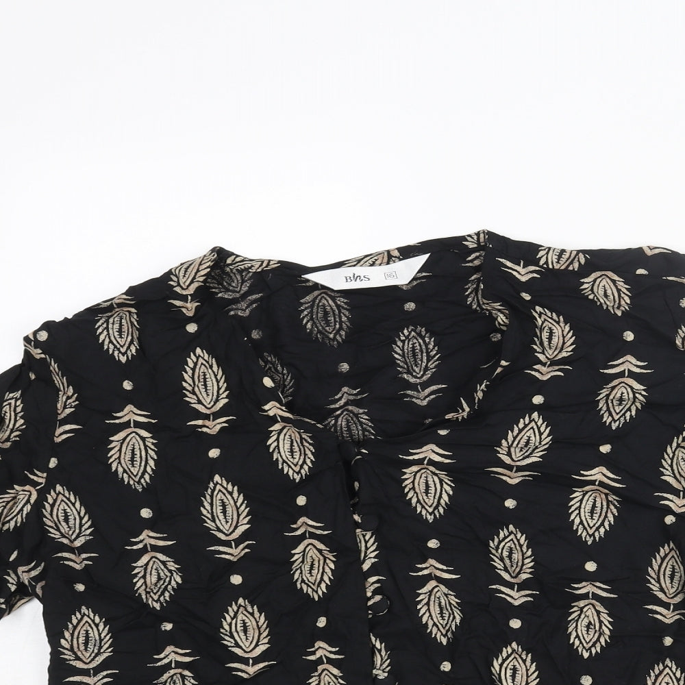 BHS Womens Black Geometric Viscose Basic Blouse Size 16 V-Neck