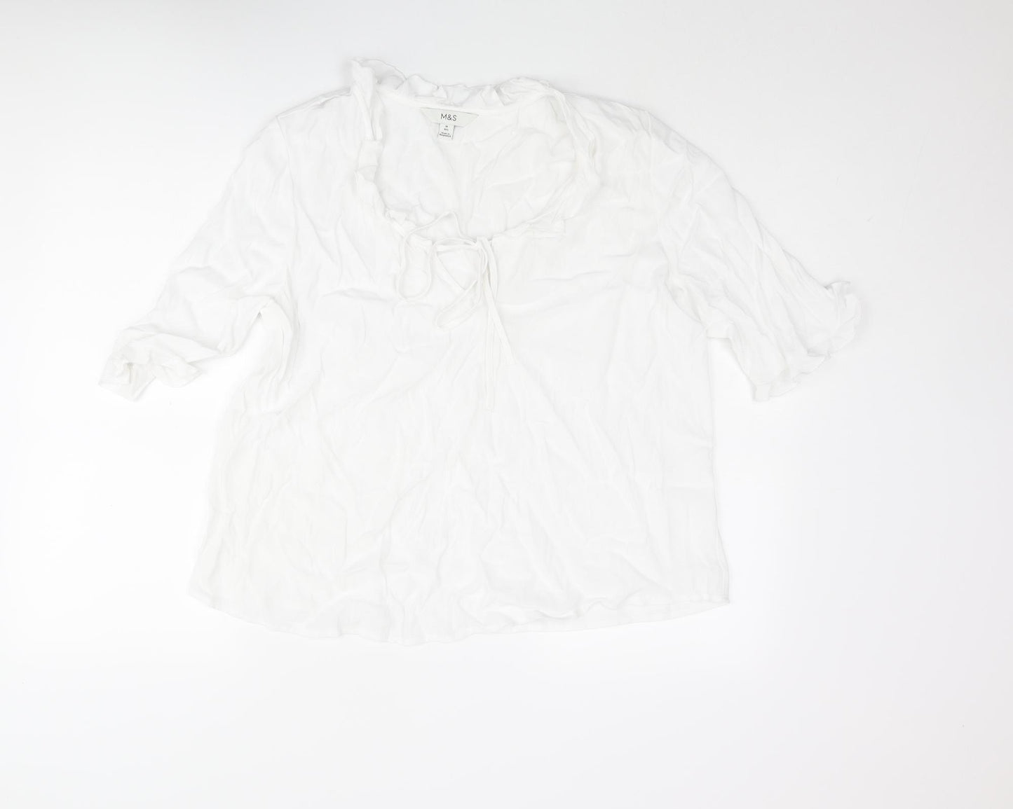 Marks and Spencer Womens White Polyester Basic Blouse Size 14 V-Neck - Frill Detail