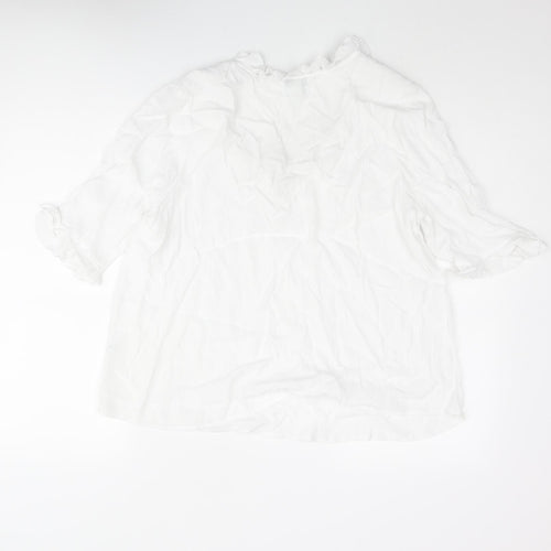 Marks and Spencer Womens White Polyester Basic Blouse Size 14 V-Neck - Frill Detail