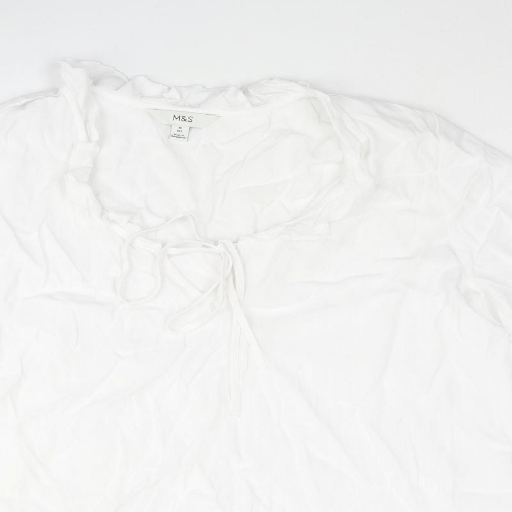 Marks and Spencer Womens White Polyester Basic Blouse Size 14 V-Neck - Frill Detail