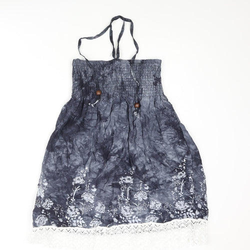 Koopai Womens Grey Tie Dye Cotton A-Line Size S Halter Pullover - Wooden Bead Lace Trim Floral Print Size S-M