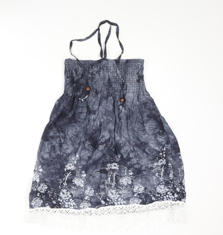Koopai Womens Grey Tie Dye Cotton A-Line Size S Halter Pullover - Wooden Bead Lace Trim Floral Print Size S-M
