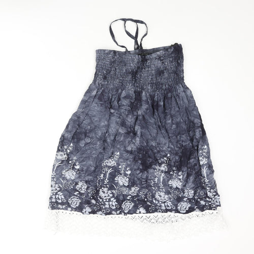 Koopai Womens Grey Tie Dye Cotton A-Line Size S Halter Pullover - Wooden Bead Lace Trim Floral Print Size S-M