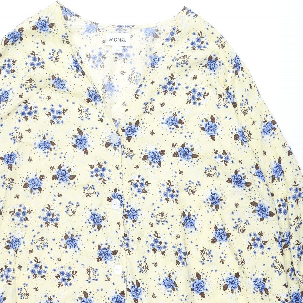 Monki Womens Yellow Floral Viscose Shift Size L V-Neck Button