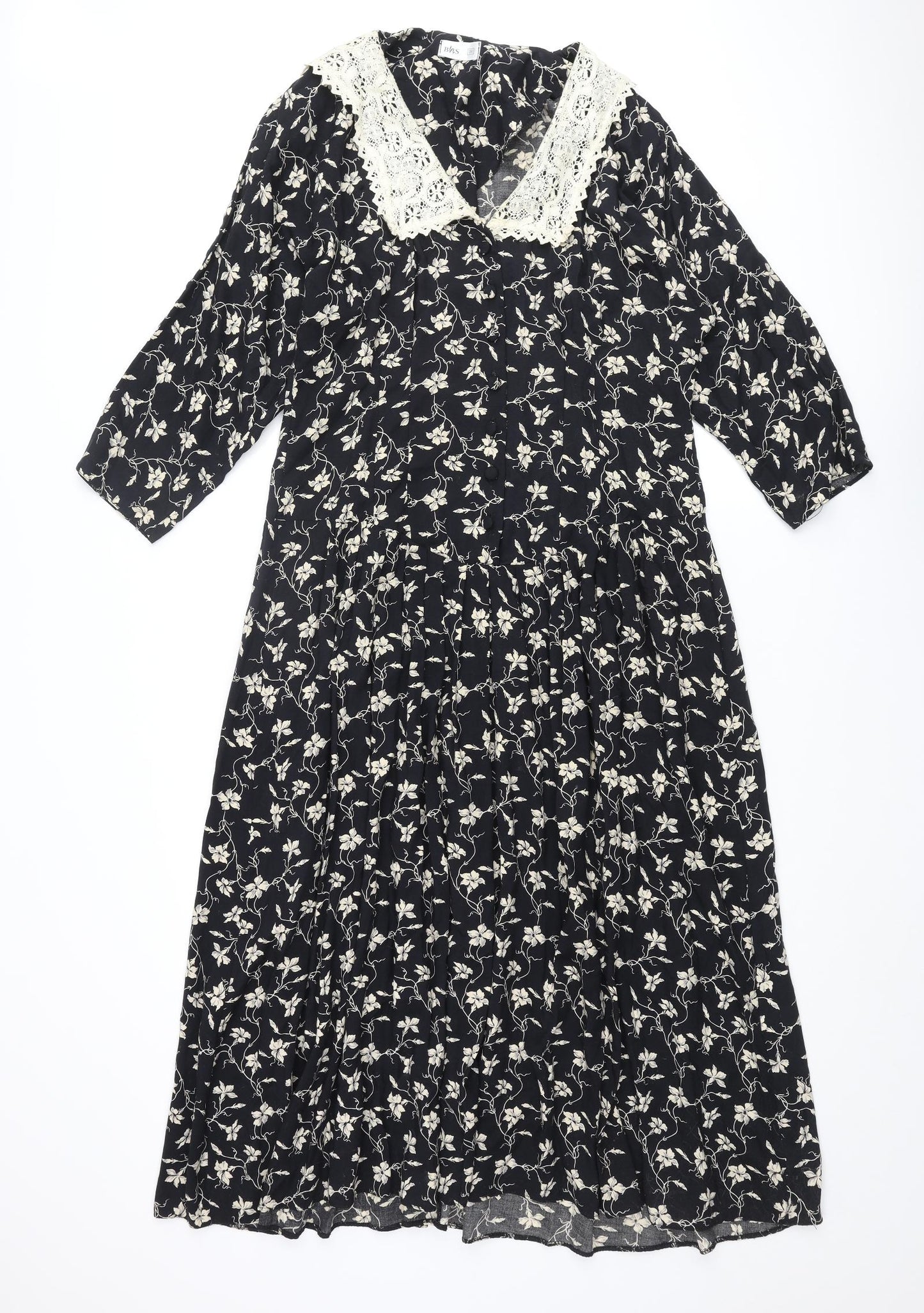 BHS Womens Black Floral Viscose Shift Size 18 Collared Button - Lace Collar