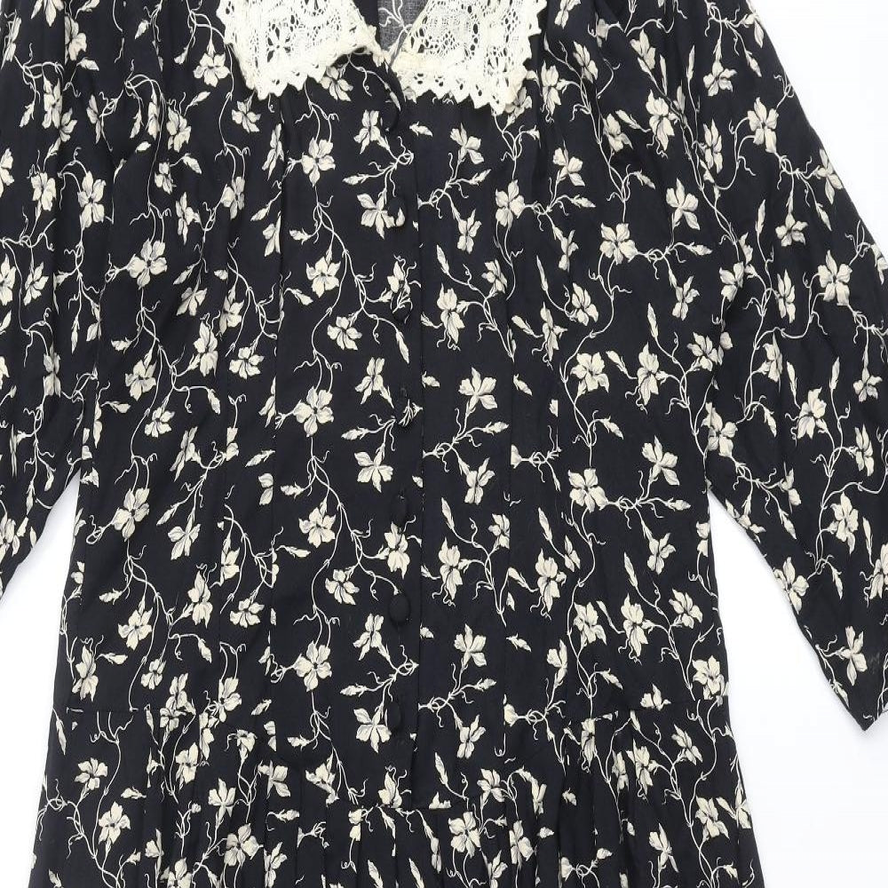 BHS Womens Black Floral Viscose Shift Size 18 Collared Button - Lace Collar