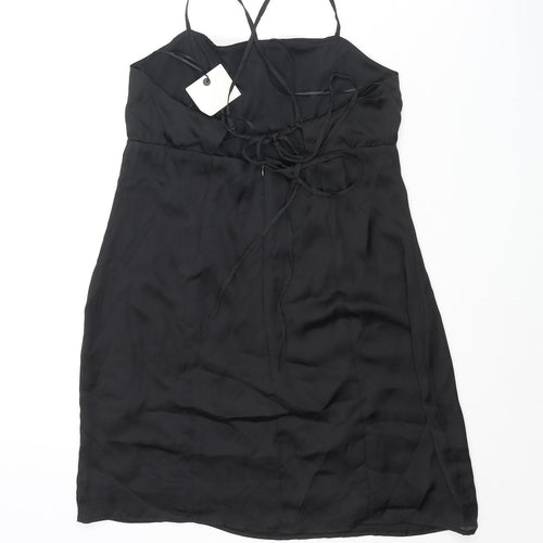 Pull&Bear Womens Black Polyester Mini Size M Square Neck Zip - Lace Up Back