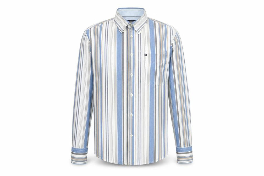 Front view of Cottonfield men’s multicoloured striped cotton button-up, size S, collared button