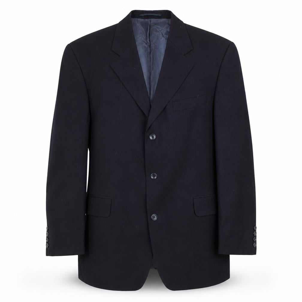 Front view of Van Kollem men’s blue polyester jacket suit jacket, size 44, regular