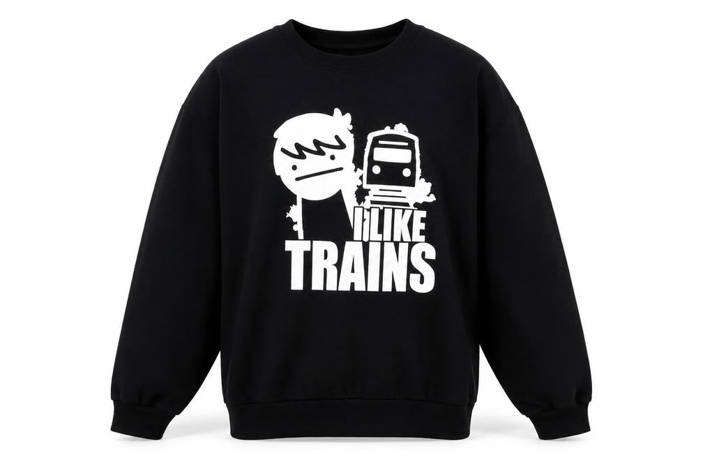 Front view of Stars & Stripes men’s black cotton pullover sweatshirt, size M, - i like trains