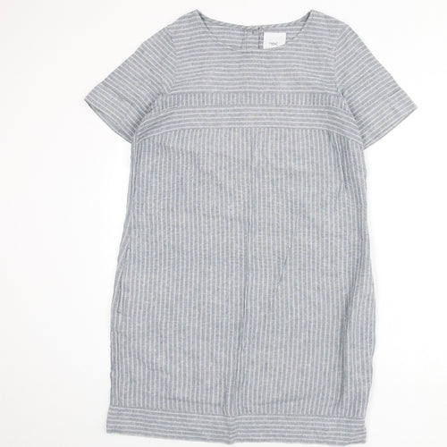 NEXT Womens Blue Striped Linen Sheath Size 12 Round Neck Button