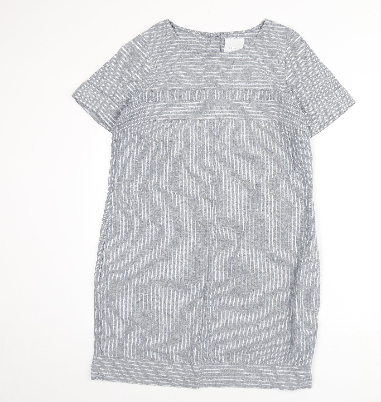 NEXT Womens Blue Striped Linen Sheath Size 12 Round Neck Button
