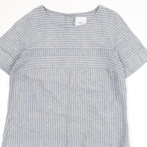 NEXT Womens Blue Striped Linen Sheath Size 12 Round Neck Button