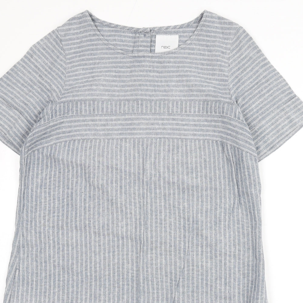 NEXT Womens Blue Striped Linen Sheath Size 12 Round Neck Button