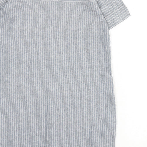 NEXT Womens Blue Striped Linen Sheath Size 12 Round Neck Button