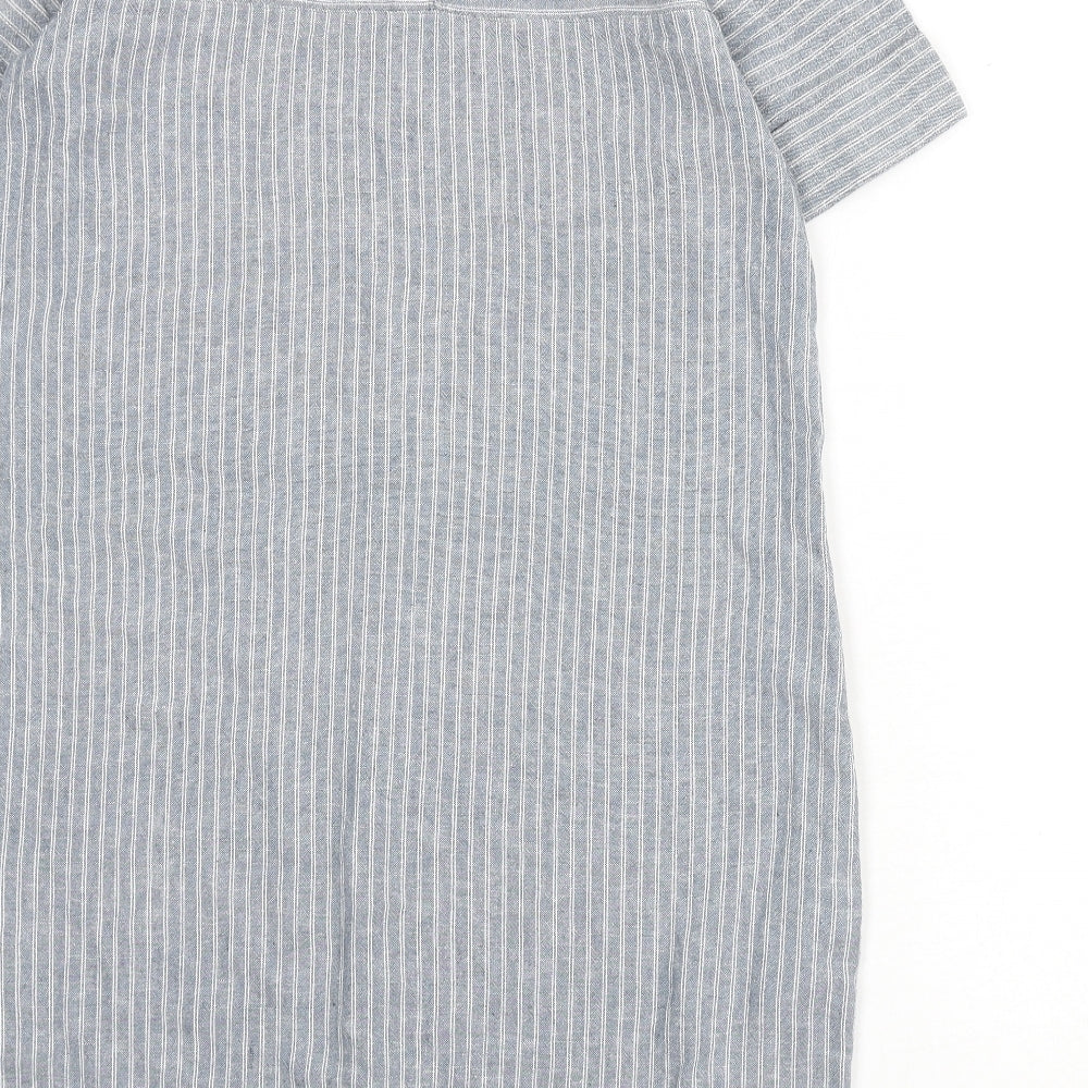 NEXT Womens Blue Striped Linen Sheath Size 12 Round Neck Button
