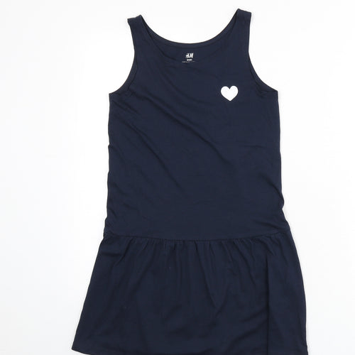 H&M Girls Blue Cotton A-Line Size 8-9 Years Scoop Neck Pullover - Heart, Size 8-10