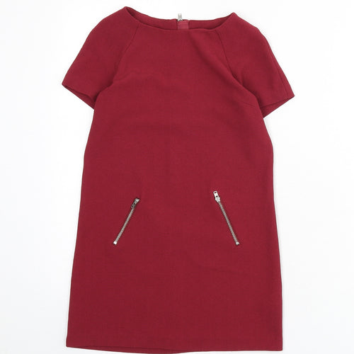Marks and Spencer Girls Red Polyester A-Line Size 8-9 Years Boat Neck Zip