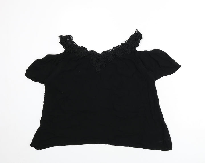 Julipa Womens Black Viscose Basic Blouse Size 14 V-Neck - Lace Trim