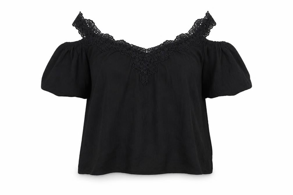 Front view of Julipa women’s black viscose basic blouse, size UK 14, v-neck - lace trim