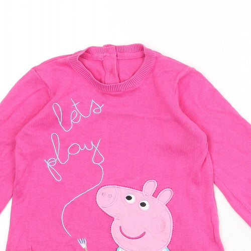 Marks and Spencer Girls Pink 100% Cotton Jumper Dress Size 3-4 Years Round Neck Button - Peppa Pig, Lets Play