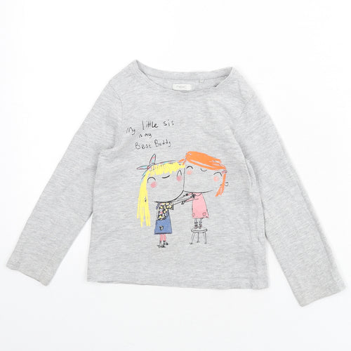 NEXT Girls Grey Cotton Basic T-Shirt Size 3-4 Years Round Neck Pullover - Slogan