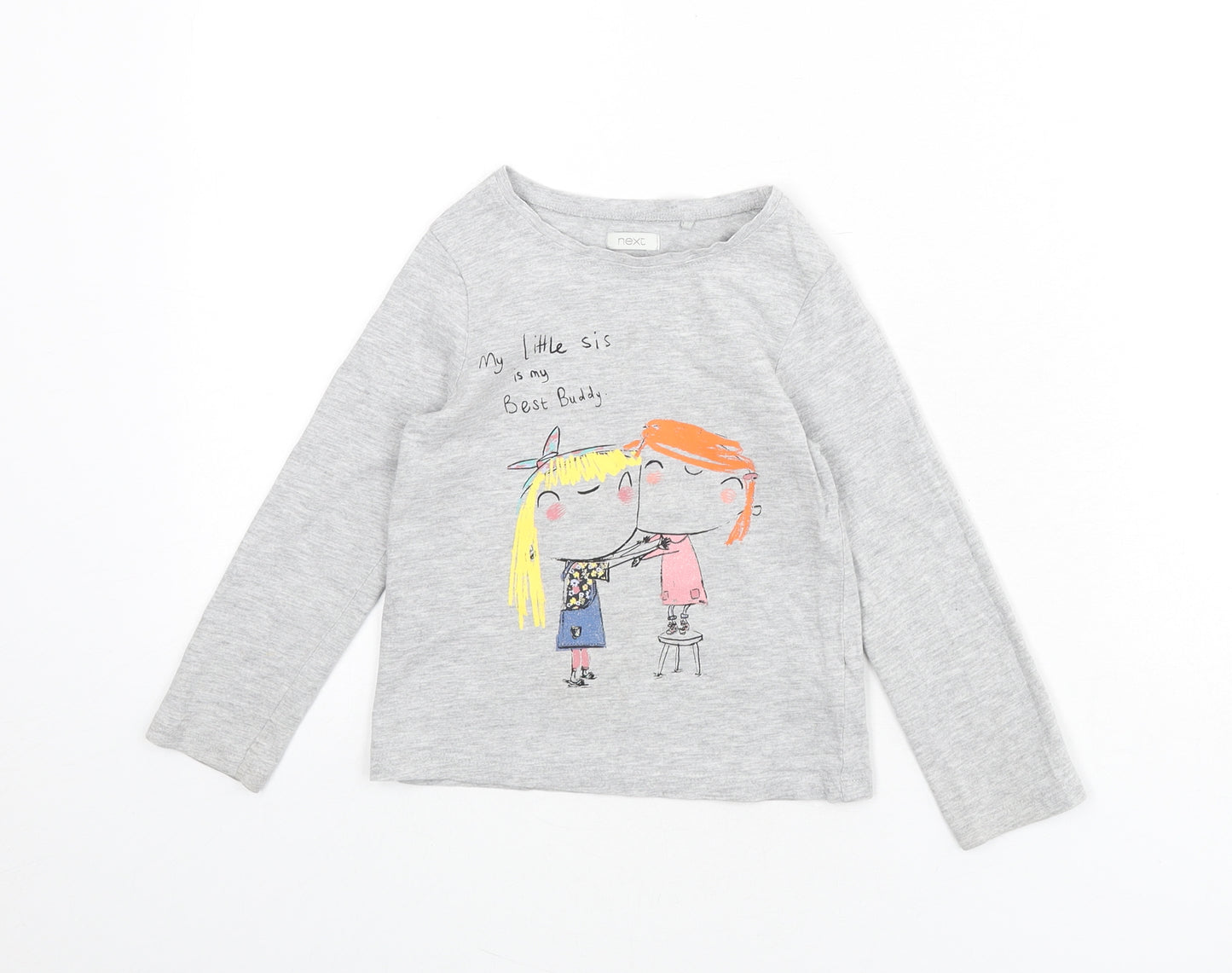 NEXT Girls Grey Cotton Basic T-Shirt Size 3-4 Years Round Neck Pullover - Slogan