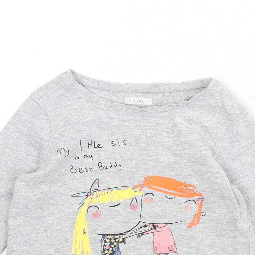 NEXT Girls Grey Cotton Basic T-Shirt Size 3-4 Years Round Neck Pullover - Slogan