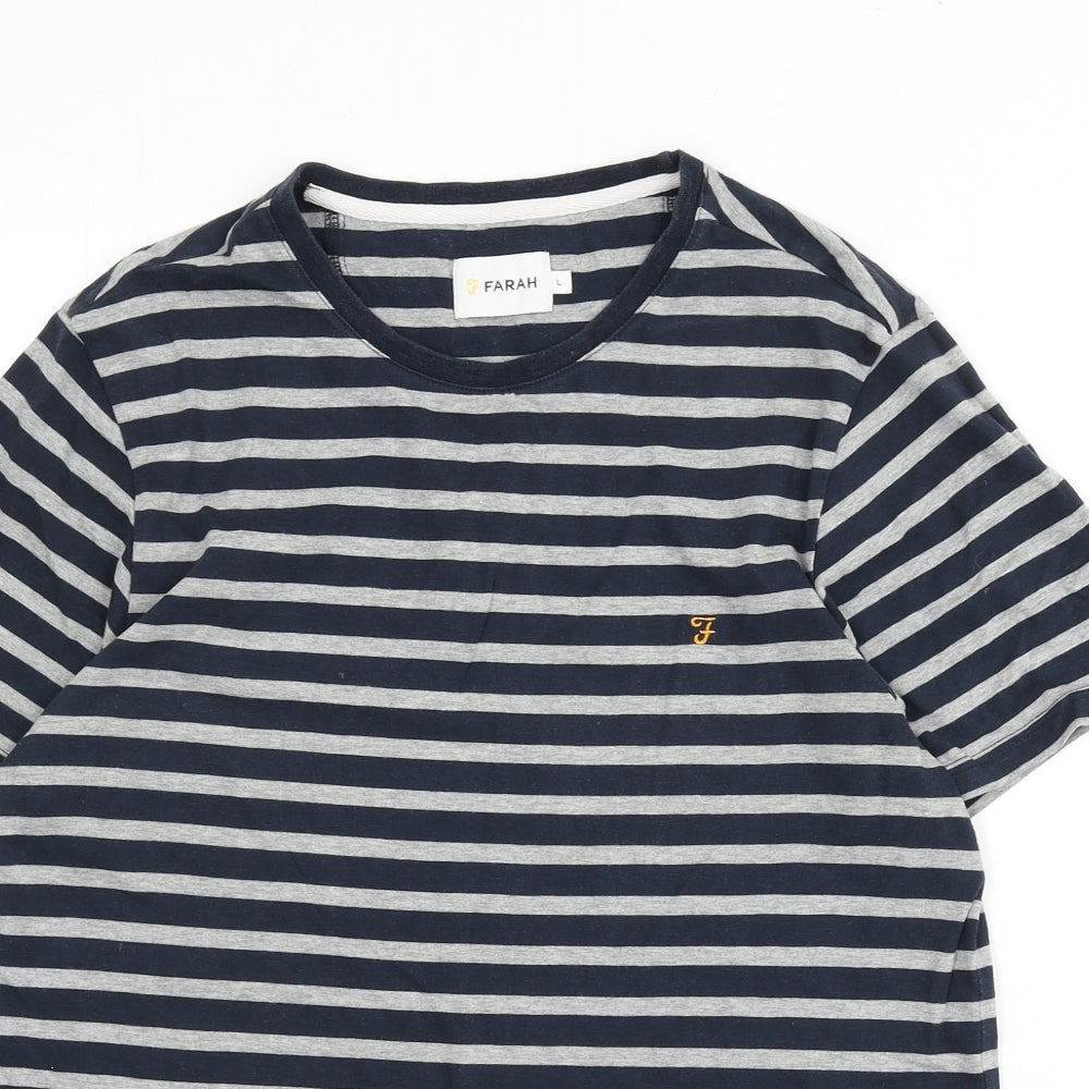 Farah Mens Blue Striped Cotton T-Shirt Size L Round Neck